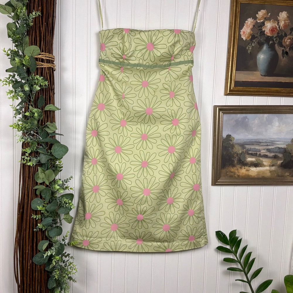 Jillian Jones Strapless Dress Womens 4 Green Excellent Floral Daisy Cotton Blend